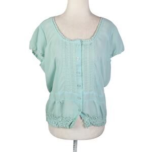 Vintage Y2K New York City Design Co Mint Green-Blue Pintuck Blouse Top 12